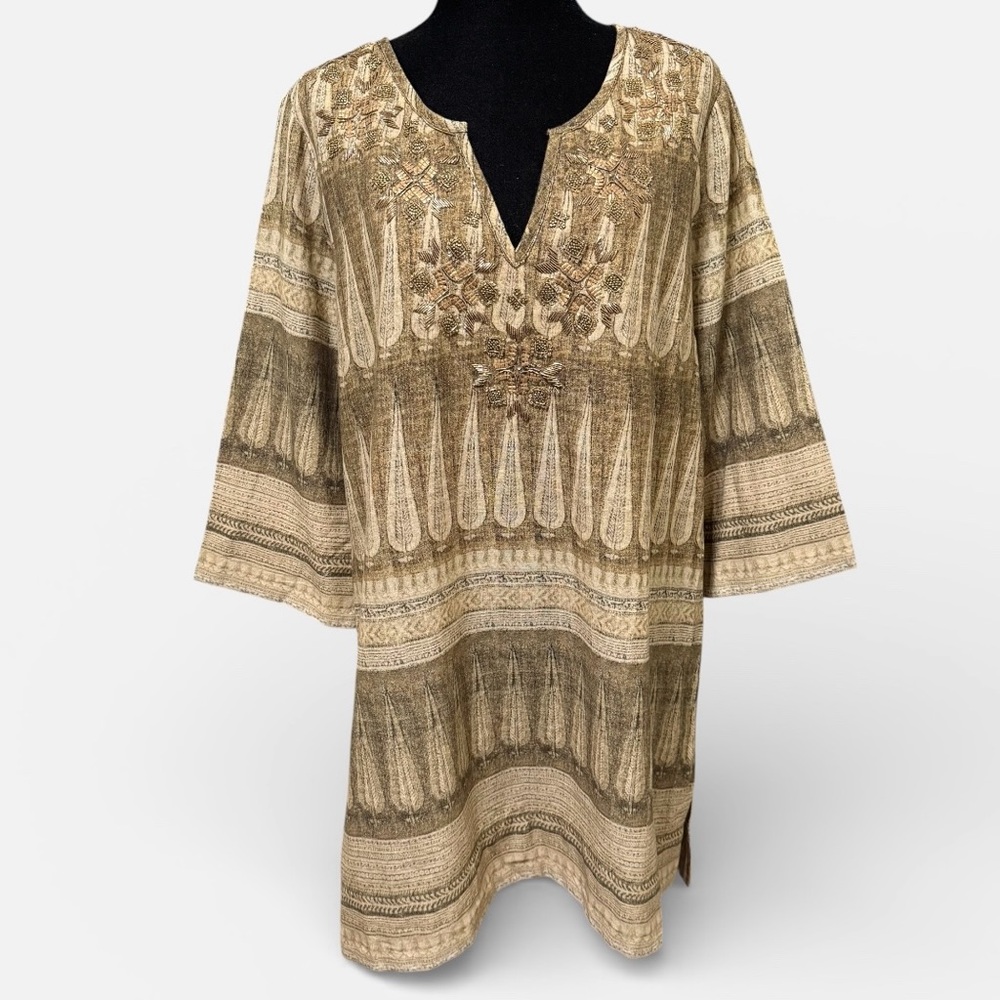 Soft Surroundings Beaded Boho Linen Blend Tunic Top 3/4 Sleeve Size Large - Picture 2 of 8